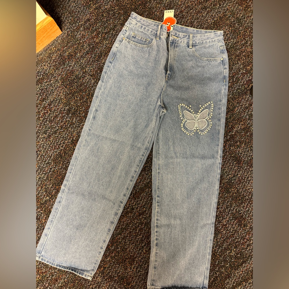 Cider butterfly rhinestone straight leg jeans